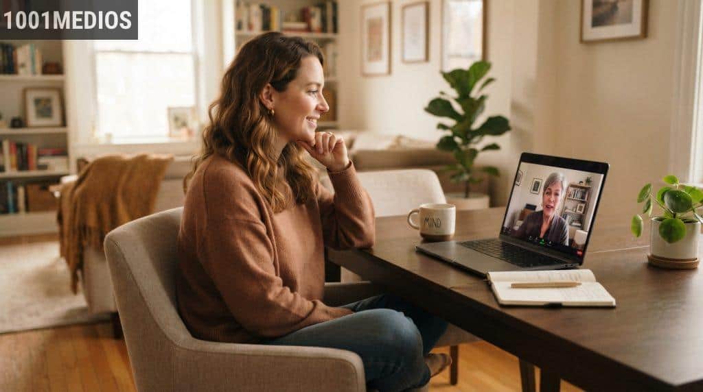 Persona realizando una sesión de terapia psicológica online desde casa