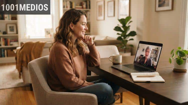 Persona realizando una sesión de terapia psicológica online desde casa
