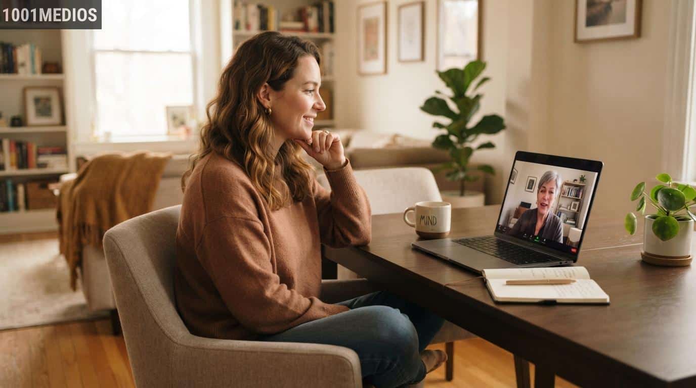 Persona realizando una sesión de terapia psicológica online desde casa