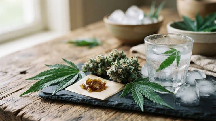 Resina de CBD junto a cáñamo y elementos asociados a la extracción en frío