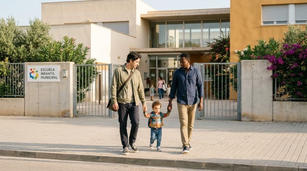 Familia con un niño pequeño llegando a un colegio tras mudarse a España