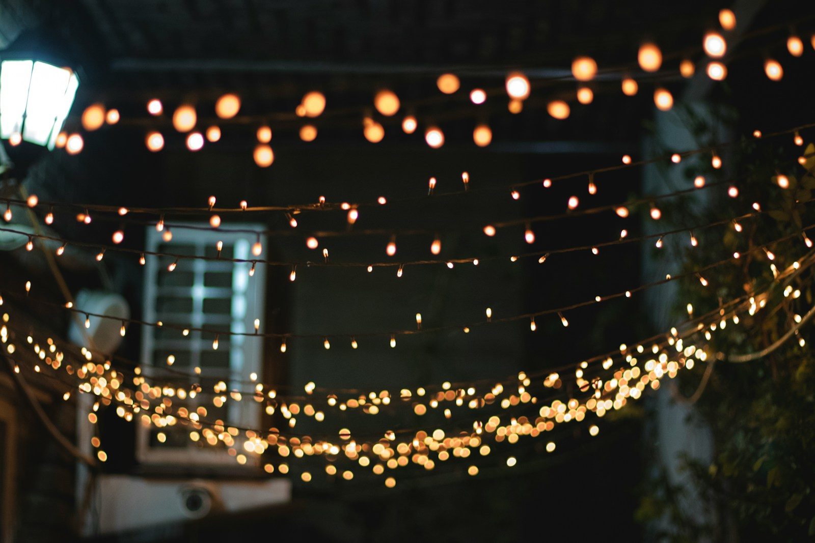 Guirnaldas de luces cálidas iluminando un jardín durante una fiesta nocturna