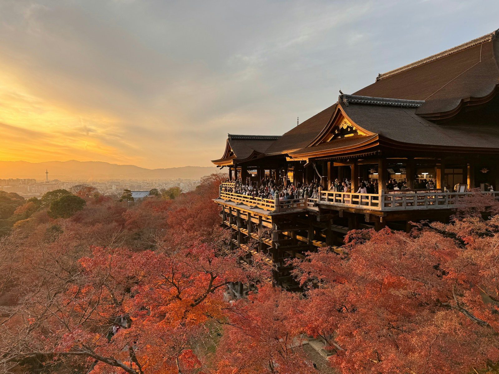 Templo Kiyomizu-dera de Kioto rodeado de arces rojos en otoño al atardecer